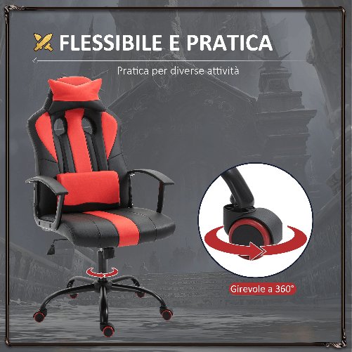 Vinsetto-Sedia-da-Gaming-Ergonomica-con-Braccioli-Altezza-Regolabile-con-Cuscino-Nero-e-Rosso