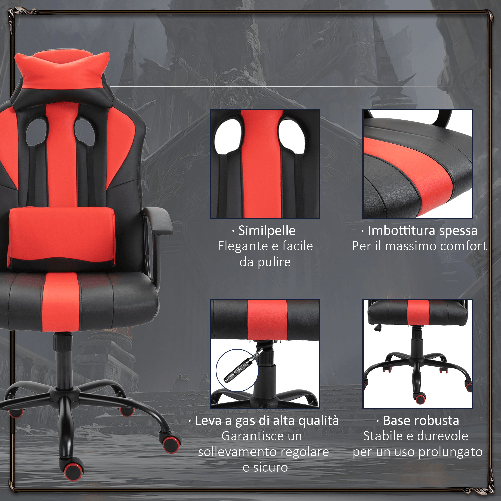 Vinsetto-Sedia-da-Gaming-Ergonomica-con-Braccioli-Altezza-Regolabile-con-Cuscino-Nero-e-Rosso