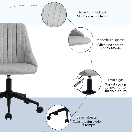 Vinsetto-Sedia-da-Ufficio-in-Velluto-Grigio-con-Altezza-Regolabile-Sedia-Ergonomica-Girevole-a-360°-e-Ruote-50x58x77-87cm