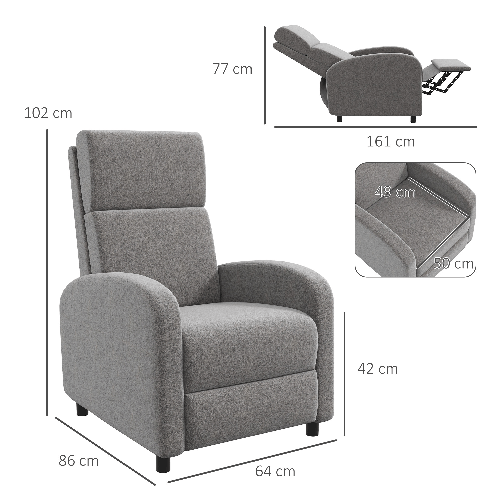 HOMCOM-Poltrona-Reclinabile-160°-in-Tessuto-Effetto-Lino-con-Braccioli-Quadrati-64x86x102-cm-Grigia