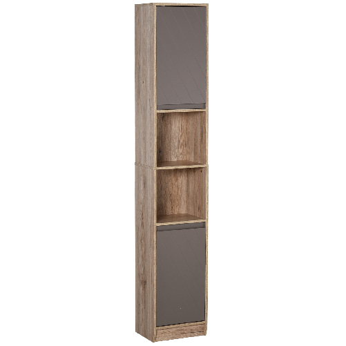 HOMCOM-Mobiletto-Salvaspazio-per-Bagno-in-Legno-Mobile-da-Bagno-con-2-Armadietti-e-6-Ripiani-Grigio-e-Rovere-Design-a-Torre-30-x-24-x-170cm