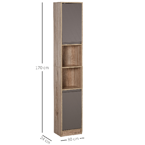 HOMCOM-Mobiletto-Salvaspazio-per-Bagno-in-Legno-Mobile-da-Bagno-con-2-Armadietti-e-6-Ripiani-Grigio-e-Rovere-Design-a-Torre-30-x-24-x-170cm