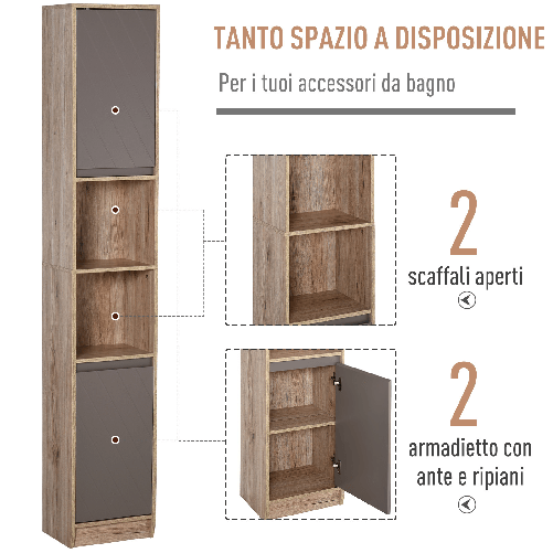 HOMCOM-Mobiletto-Salvaspazio-per-Bagno-in-Legno-Mobile-da-Bagno-con-2-Armadietti-e-6-Ripiani-Grigio-e-Rovere-Design-a-Torre-30-x-24-x-170cm