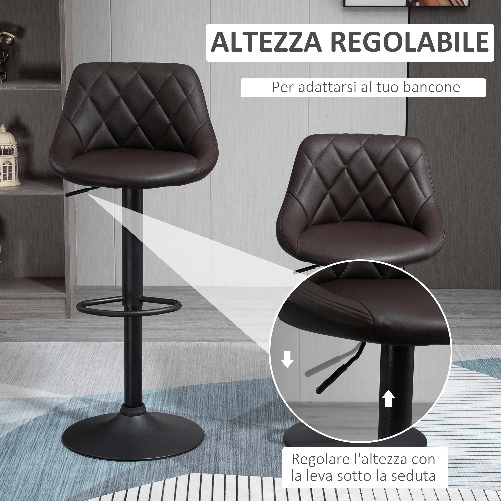 HOMCOM-Set-2-Sgabelli-da-Bar-di-Design-Girevoli-con-Altezza-Regolabile---Marrone-Nero