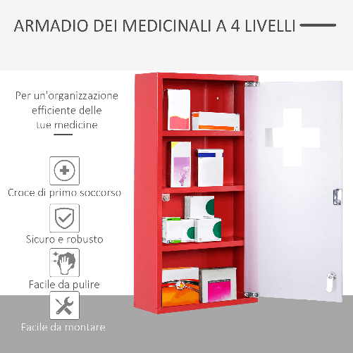 HOMCOM-Cassetta-Porta-Medicine-Armadietto-Medicinali-4-Livelli-Porta-in-Vetro-60×30×12cm-Rosso