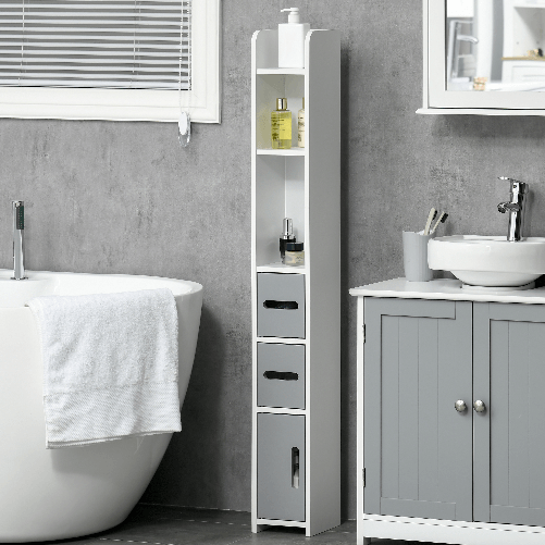 kleankin-Colonna-Bagno-con-Mensole-e-Armadietti-Mobile-Alto-Salvaspazio-in-Legno-15x17x120cm-Bianco-e-Grigio