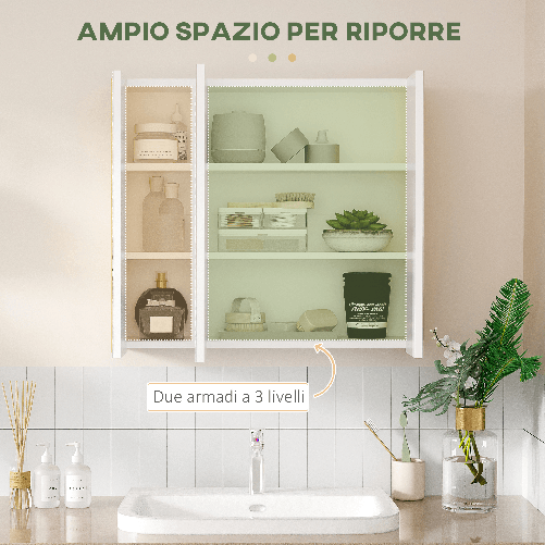 kleankin-Armadietto-Specchiera-Bagno-a-3-Ante-con-Mensole-Regolabili-68x22x60cm-Bianco