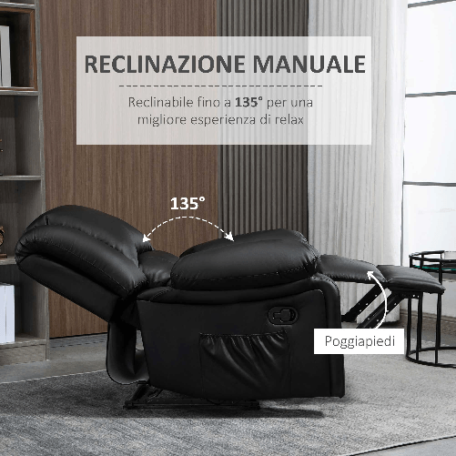 HOMCOM-Poltrona-Relax-Reclinabile-con-Maniglia-e-Tasche-Laterali-100x89x100cm-Nera