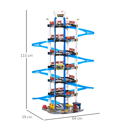 HOMCOM-Garage-Giocattolo-a-7-Livelli-con-Rampe-e-Macchinine-Ascensore-con-Luci-e-Suoni-Eta-3-6-Anni-64x59x113cm---Multicolore