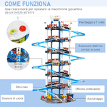 HOMCOM-Garage-Giocattolo-a-7-Livelli-con-Rampe-e-Macchinine-Ascensore-con-Luci-e-Suoni-Eta-3-6-Anni-64x59x113cm---Multicolore