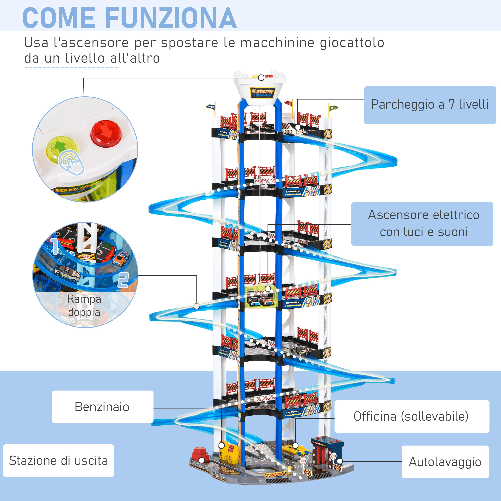 HOMCOM-Garage-Giocattolo-a-7-Livelli-con-Rampe-e-Macchinine-Ascensore-con-Luci-e-Suoni-Eta-3-6-Anni-64x59x113cm---Multicolore