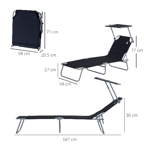 Outsunny-Lettino-Sdraio-da-Esterno-Sedia-Sdraio-da-Esterno-Pieghevole-e-Regolabile-con-Tettuccio-in-Tessuto-Nero-187x58x36cm