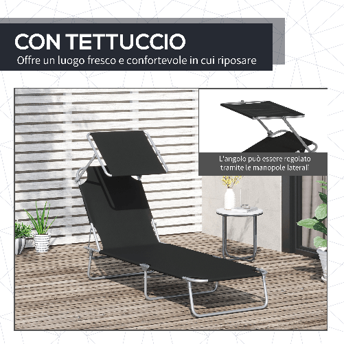 Outsunny-Lettino-Sdraio-da-Esterno-Sedia-Sdraio-da-Esterno-Pieghevole-e-Regolabile-con-Tettuccio-in-Tessuto-Nero-187x58x36cm