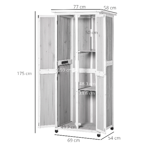 Outsunny-Casetta-Porta-Attrezzi-in-Legno-di-Abete-a-3-Livelli-con-Tetto-in-Bitume-77x58x175-cm-Grigio