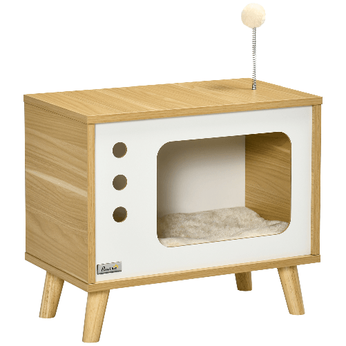 PawHut-Casetta-per-Gatti-in-Truciolato-a-forma-di-Televisore-con-Cuscino-e-Pallina-Giocattolo-50x28x43-cm