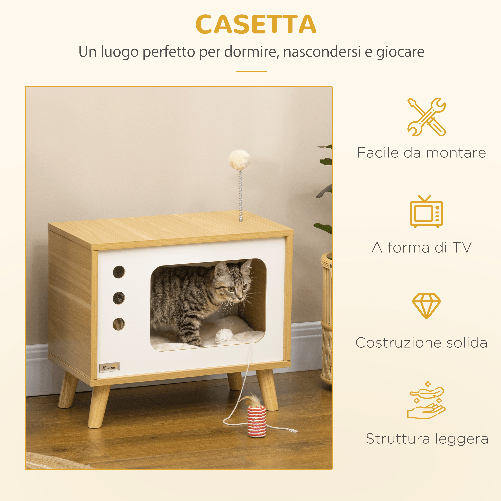 PawHut-Casetta-per-Gatti-in-Truciolato-a-forma-di-Televisore-con-Cuscino-e-Pallina-Giocattolo-50x28x43-cm