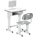 HOMCOM-Banco-Scuola-con-Sedia-ad-Altezza-Regolabile-per-Bambini-6-12-Anni-Acciaio-e-MDF-Grigio