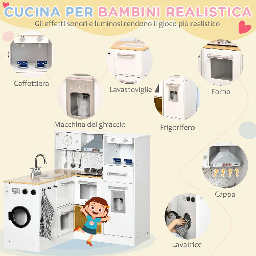 HOMCOM-Cucina-Giocattolo-2-Pezzi-per-Bambini-3-6-Anni-con-Utensili-da-Cucina-Luci-ed-Effetti-Sonori-in-MDF-e-PP