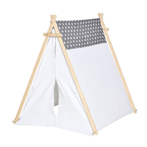 HOMCOM-Tenda-Indiana-per-Bambini-3-6-Anni-con-Porta-e-Finestra-in-Legno-e-Poliestere-130x111x136cm-Grigia-e-Bianca