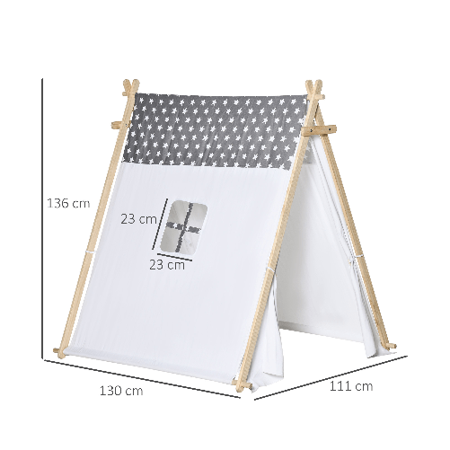 HOMCOM-Tenda-Indiana-per-Bambini-3-6-Anni-con-Porta-e-Finestra-in-Legno-e-Poliestere-130x111x136cm-Grigia-e-Bianca