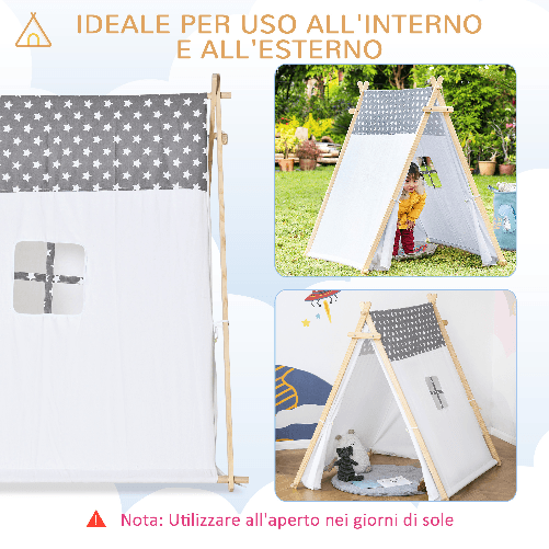 HOMCOM-Tenda-Indiana-per-Bambini-3-6-Anni-con-Porta-e-Finestra-in-Legno-e-Poliestere-130x111x136cm-Grigia-e-Bianca