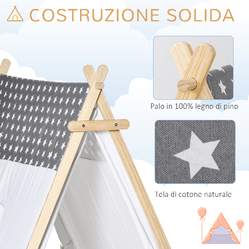 HOMCOM-Tenda-Indiana-per-Bambini-3-6-Anni-con-Porta-e-Finestra-in-Legno-e-Poliestere-130x111x136cm-Grigia-e-Bianca