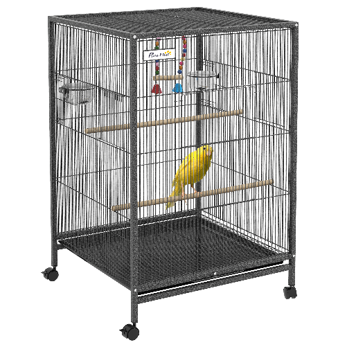 PawHut Gabbia per Uccelli in Acciaio e PP con 5 Porte, 2 Posatoi e Vassoio Estraibile, 48x46x74 cm, Grigio