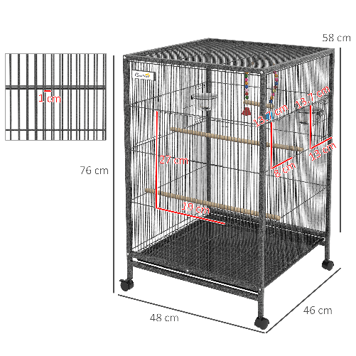 PawHut-Gabbia-per-Uccelli-in-Acciaio-e-PP-con-5-Porte-2-Posatoi-e-Vassoio-Estraibile-48x46x74-cm-Grigio