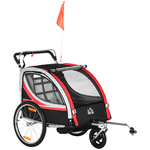 HOMCOM Rimorchio Bici per Bambini Passeggino, Design 2 in 1 con Freno, Cintura a 5 Punti e Tasche Laterali, 116-142x75x101cm, Multicolore