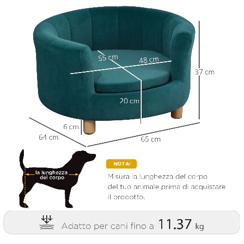 PawHut-Divano-per-Cani-Imbottito-con-Schienale-e-Cuscino-Rimovibile-Cuccia-per-Gatto-da-Interno-65x64x37cm-Verde