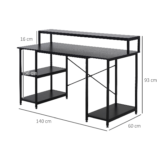 HOMCOM-Scrivania-per-Computer-con-Ripiani-per-Monitor-e-CPU-Scrivania-da-Ufficio-per-Casa-Studio-e-Lavoro-Nera-140-x-60-x-93cm