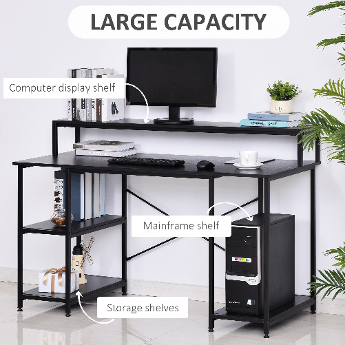 HOMCOM-Scrivania-per-Computer-con-Ripiani-per-Monitor-e-CPU-Scrivania-da-Ufficio-per-Casa-Studio-e-Lavoro-Nera-140-x-60-x-93cm