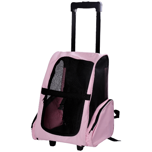 PawHut-Trasportino-Zaino-2-in-1-per-Cani-e-Gatti-con-Tasche-Laterali-Maniglia-Telescopica-e-Ruote-42x25x55cm-Rosa