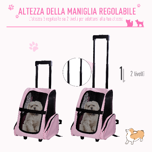 PawHut-Trasportino-Zaino-2-in-1-per-Cani-e-Gatti-con-Tasche-Laterali-Maniglia-Telescopica-e-Ruote-42x25x55cm-Rosa