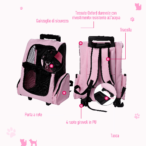 PawHut-Trasportino-Zaino-2-in-1-per-Cani-e-Gatti-con-Tasche-Laterali-Maniglia-Telescopica-e-Ruote-42x25x55cm-Rosa