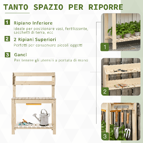 Outsunny-Banco-da-Lavoro-per-Giardinaggio-in-Legno-Naturale-con-Vaschetta-Integrata-Mensole-e-Ganci-100x40x140cm