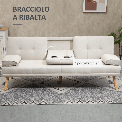 HOMCOM-Divano-Letto-3-Posti-Reclinabile-con-Rivestimento-Effetto-Lino-e-Tavolino-a-Ribalta-Beige