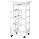 HOMCOM Carrello da Cucina Salvaspazio in Legno Bianco, Portavivande con 1 Piano di Lavoro 1 Cassetto e 4 Cestelli Metallici, 47x37x83cm