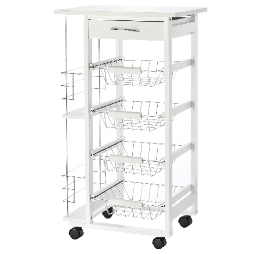 HOMCOM-Carrello-da-Cucina-Salvaspazio-in-Legno-Bianco-Portavivande-con-1-Piano-di-Lavoro-1-Cassetto-e-4-Cestelli-Metallici-47x37x83cm