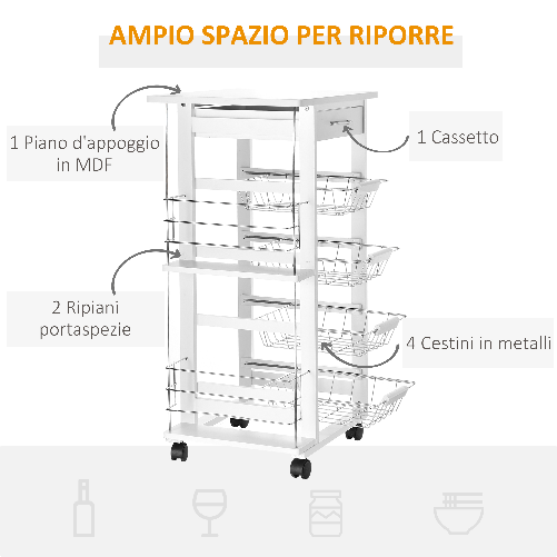 HOMCOM-Carrello-da-Cucina-Salvaspazio-in-Legno-Bianco-Portavivande-con-1-Piano-di-Lavoro-1-Cassetto-e-4-Cestelli-Metallici-47x37x83cm