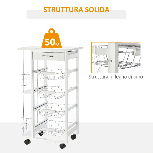 HOMCOM-Carrello-da-Cucina-Salvaspazio-in-Legno-Bianco-Portavivande-con-1-Piano-di-Lavoro-1-Cassetto-e-4-Cestelli-Metallici-47x37x83cm