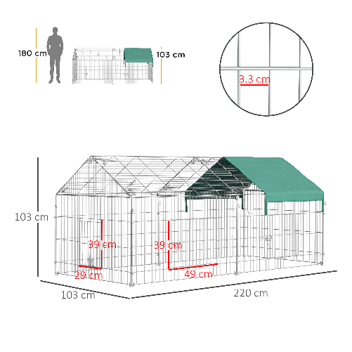 PawHut-Recinto-per-Animali-con-Telo-di-Copertura-in-Acciaio-con-Porte-220x103x103cm
