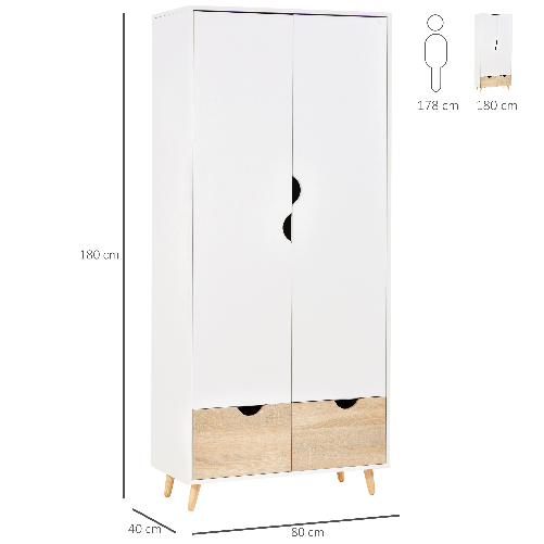 HOMCOM-Armadio-a-Due-Ante-in-Legno-con-1-Ripiano-1-Appendiabiti-2-Cassetti-con-Maniglie-Intagliate-Bianco-80x40x180cm