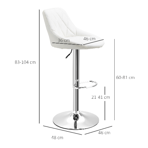 HOMCOM-Set-2-Sgabelli-da-Bar-Altezza-Regolabile-con-Base-in-Metallo-e-Seduta-in-Pelle-PU-Sgabelli-Moderni-con-Schienale-e-Poggiapiedi-46x48x83-104cm-Bianco