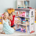 HOMCOM-Casa-delle-Bambole-in-Legno-a-3-Piani-con-Ascensore-Scala-e-13-Accessori-per-Bambini-3-6-Anni-60x30x80cm---Rosa