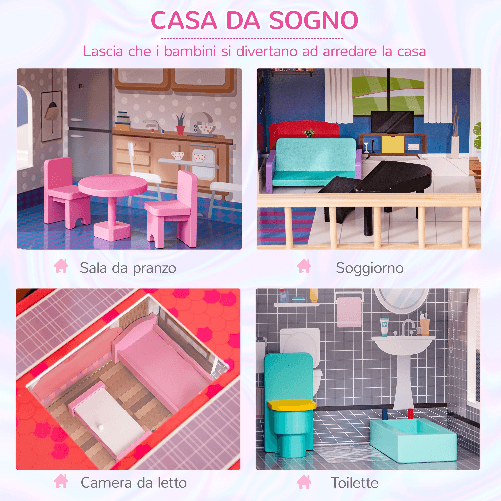 HOMCOM-Casa-delle-Bambole-in-Legno-a-3-Piani-con-Ascensore-Scala-e-13-Accessori-per-Bambini-3-6-Anni-60x30x80cm---Rosa