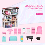 HOMCOM-Casa-delle-Bambole-in-Legno-a-3-Piani-con-Ascensore-Scala-e-13-Accessori-per-Bambini-3-6-Anni-60x30x80cm---Rosa