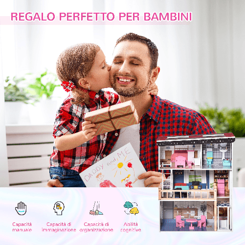 HOMCOM-Casa-delle-Bambole-in-Legno-a-3-Piani-con-Ascensore-Scala-e-13-Accessori-per-Bambini-3-6-Anni-60x30x80cm---Rosa