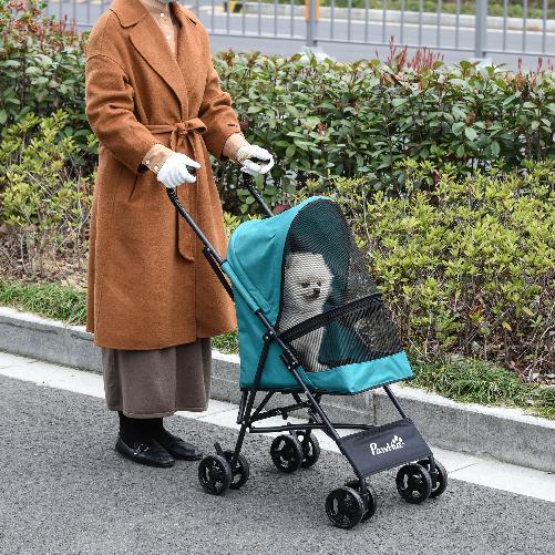 PawHut-Passeggino-per-Cani-Piccoli-Pieghevole-Ruote-Girevoli-con-Freno-in-EVA-e-Guinzaglio-di-Sicurezza-65x42x94cm-Verde