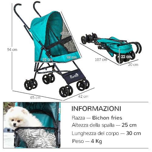 PawHut-Passeggino-per-Cani-Piccoli-Pieghevole-Ruote-Girevoli-con-Freno-in-EVA-e-Guinzaglio-di-Sicurezza-65x42x94cm-Verde